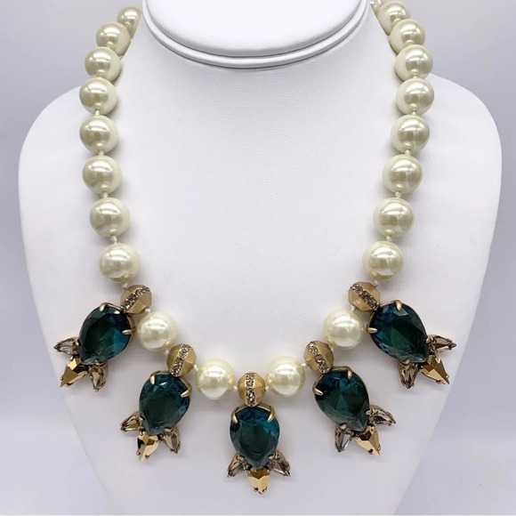 J. Crew Blue/Green Teardrop Gems and Jumbo Pearl Necklace